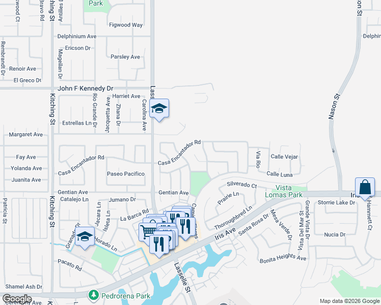 map of restaurants, bars, coffee shops, grocery stores, and more near 26130 Bogoso Lane in Moreno Valley