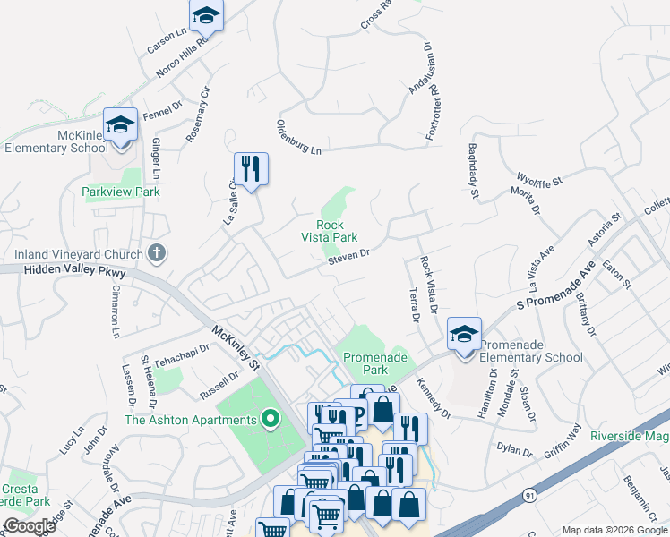 map of restaurants, bars, coffee shops, grocery stores, and more near 2492 Steven Drive in Corona