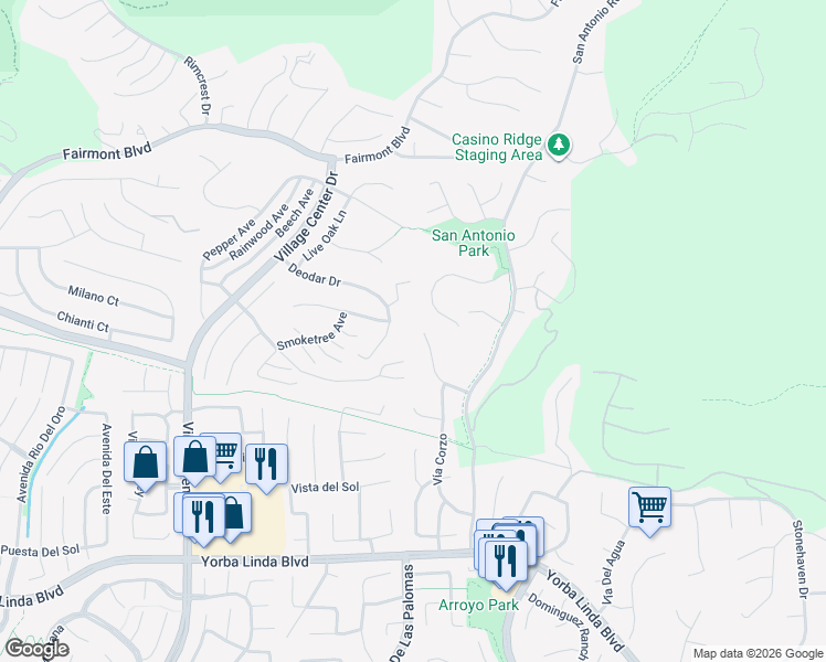 map of restaurants, bars, coffee shops, grocery stores, and more near in Yorba Linda