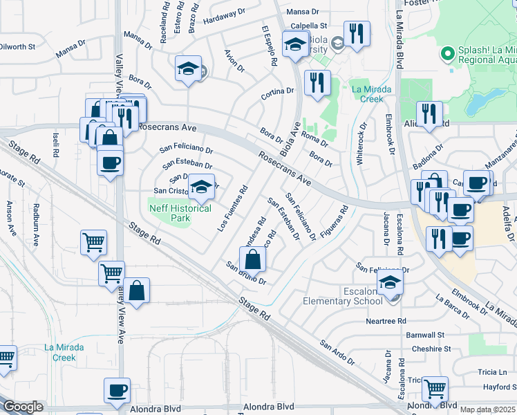 map of restaurants, bars, coffee shops, grocery stores, and more near 14620 San Esteban Drive in La Mirada