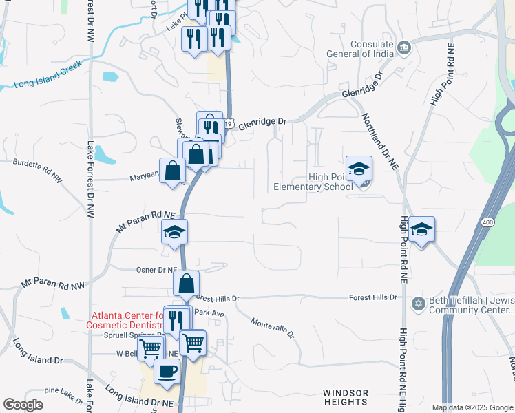 map of restaurants, bars, coffee shops, grocery stores, and more near 465 Belada Boulevard in Atlanta