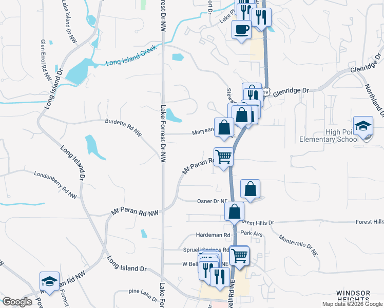 map of restaurants, bars, coffee shops, grocery stores, and more near 5271 Lake Forrest Drive in Atlanta
