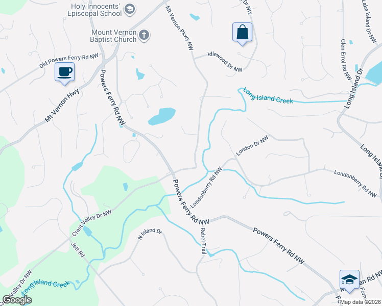 map of restaurants, bars, coffee shops, grocery stores, and more near 5265 Mount Vernon Parkway Northwest in Sandy Springs