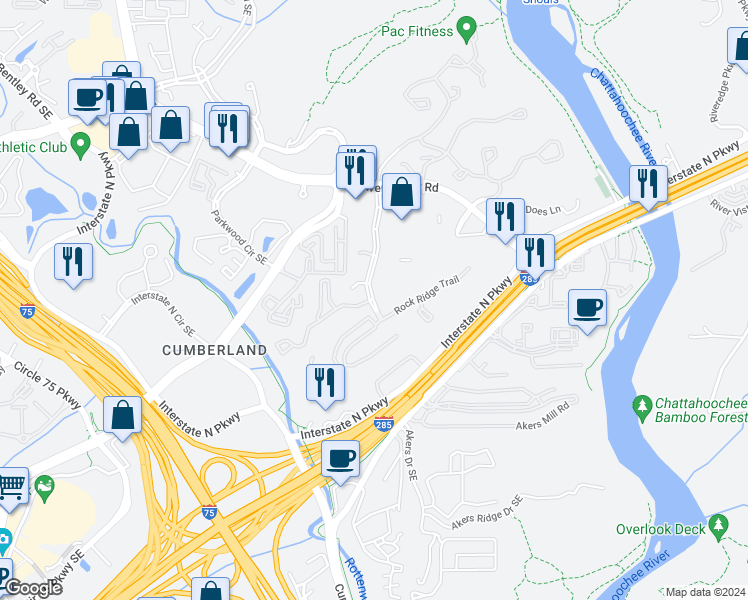 map of restaurants, bars, coffee shops, grocery stores, and more near 3013 Shadowood Parkway in Atlanta