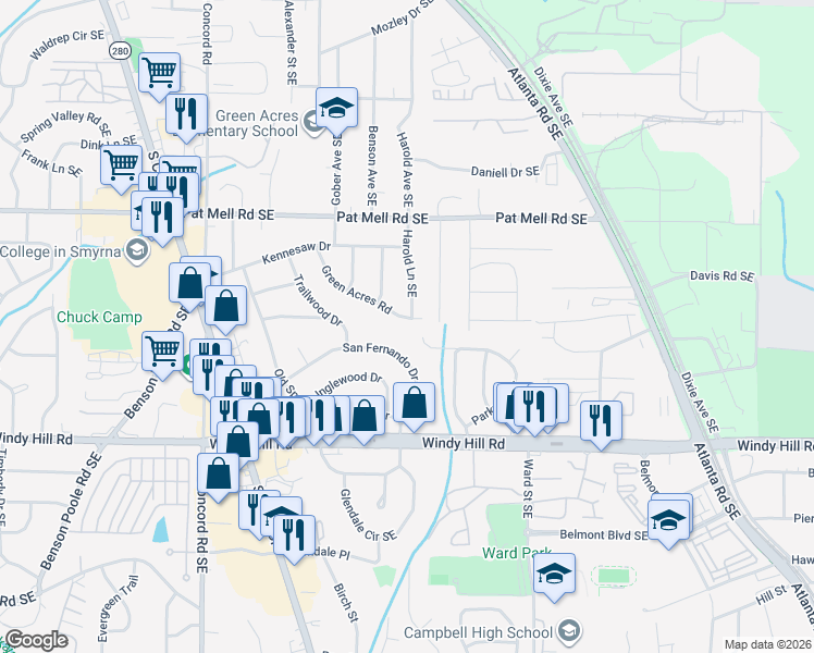 map of restaurants, bars, coffee shops, grocery stores, and more near 706 Green Acres Road in Smyrna