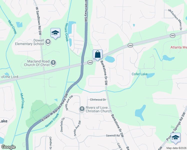 map of restaurants, bars, coffee shops, grocery stores, and more near 2412 Hillboro Circle South West in Marietta