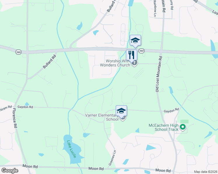 map of restaurants, bars, coffee shops, grocery stores, and more near 2210 Noelle Place in Powder Springs