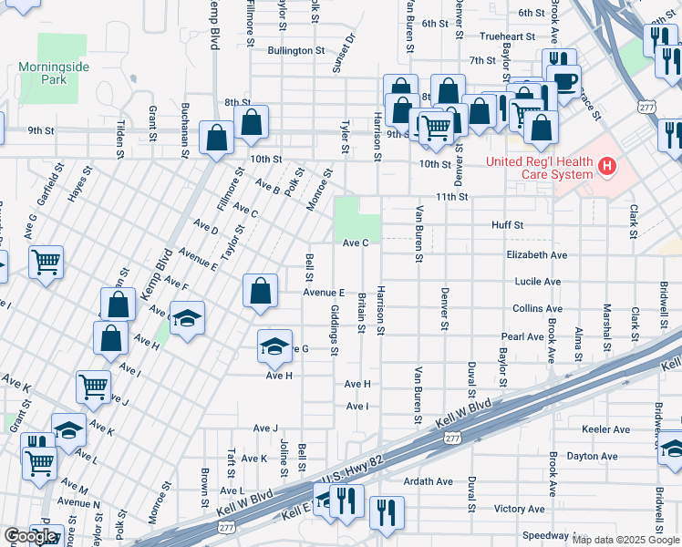 map of restaurants, bars, coffee shops, grocery stores, and more near 1713 Giddings Street in Wichita Falls
