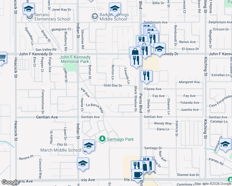 map of restaurants, bars, coffee shops, grocery stores, and more near 15310 Witczak Court in Moreno Valley