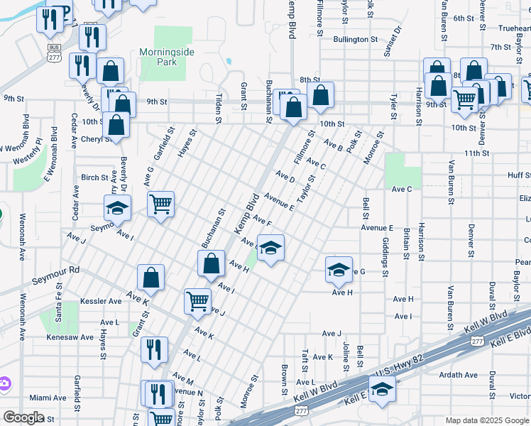 map of restaurants, bars, coffee shops, grocery stores, and more near 1510 Fillmore Street in Wichita Falls