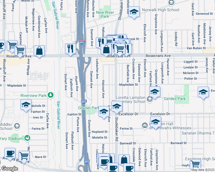 map of restaurants, bars, coffee shops, grocery stores, and more near 10940 Mapledale Street in Norwalk