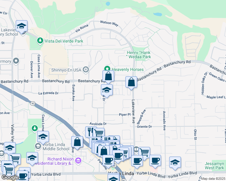 map of restaurants, bars, coffee shops, grocery stores, and more near 18298 Maidenhair Way in Yorba Linda