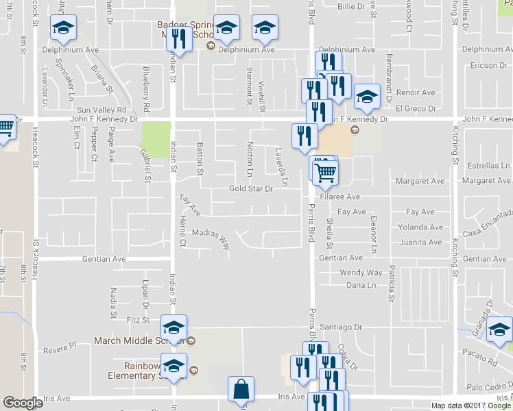 map of restaurants, bars, coffee shops, grocery stores, and more near 15310 Witczak Court in Moreno Valley