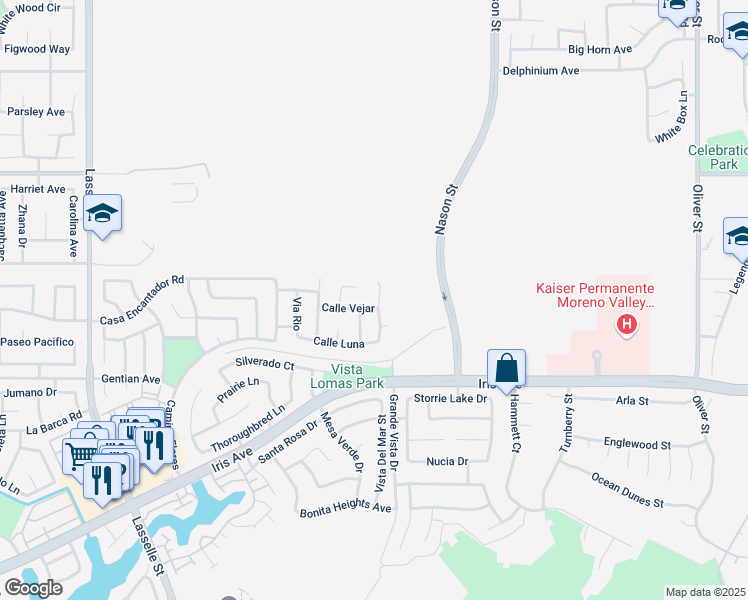map of restaurants, bars, coffee shops, grocery stores, and more near 15323 Avenida Fiesta in Moreno Valley