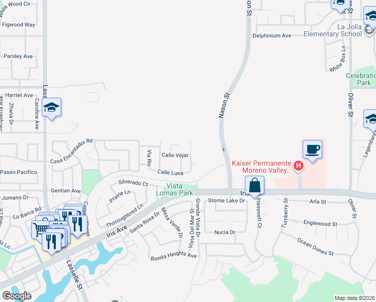 map of restaurants, bars, coffee shops, grocery stores, and more near 15315 Avenida Fiesta in Moreno Valley