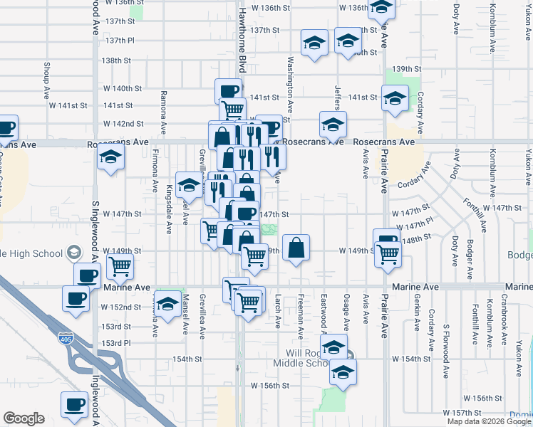 map of restaurants, bars, coffee shops, grocery stores, and more near in Lawndale