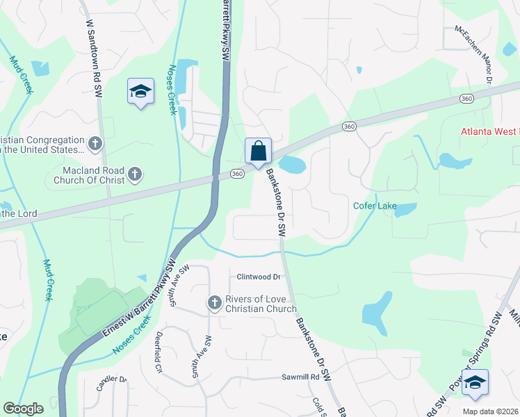 map of restaurants, bars, coffee shops, grocery stores, and more near 2406 Hillboro Circle South West in Marietta