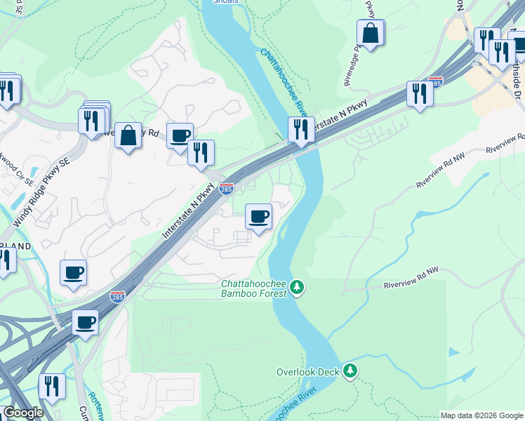 map of restaurants, bars, coffee shops, grocery stores, and more near 1065 Riverbend Club Drive Southeast in Atlanta
