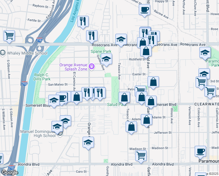 map of restaurants, bars, coffee shops, grocery stores, and more near 7123 San Marcus Street in Paramount