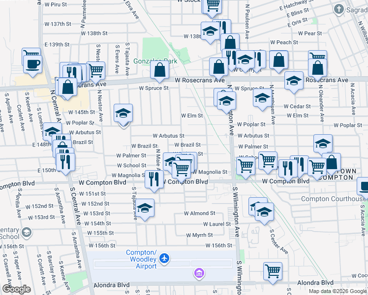 map of restaurants, bars, coffee shops, grocery stores, and more near 946 W Brazil St in Compton