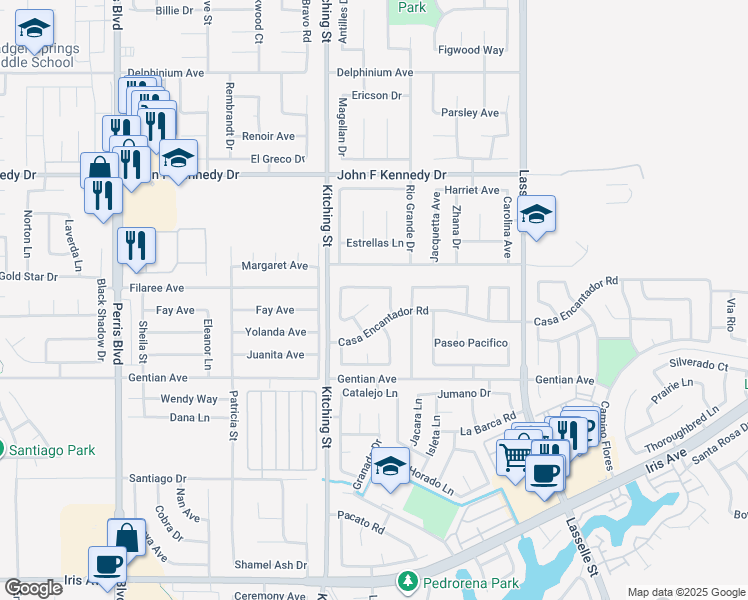 map of restaurants, bars, coffee shops, grocery stores, and more near 25664 Via Carlos Court in Moreno Valley