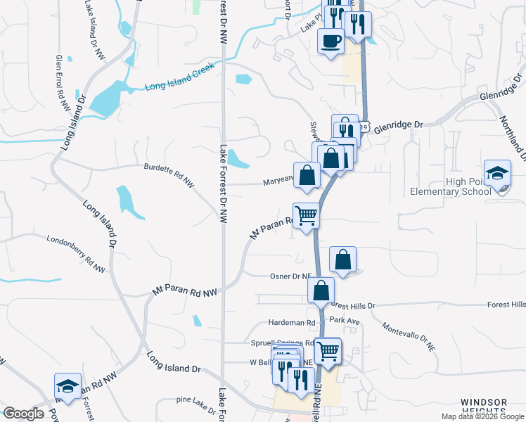 map of restaurants, bars, coffee shops, grocery stores, and more near 5271 Lake Forrest Drive in Atlanta