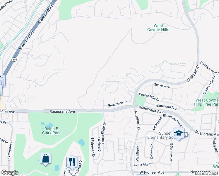 map of restaurants, bars, coffee shops, grocery stores, and more near 2545 Coventry Circle in Fullerton