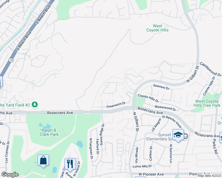 map of restaurants, bars, coffee shops, grocery stores, and more near 2413 Coventry Circle in Fullerton