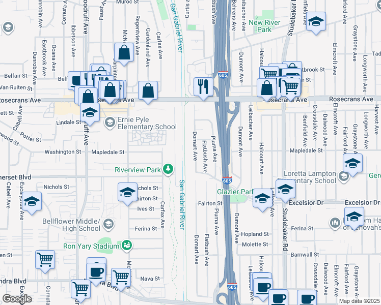 map of restaurants, bars, coffee shops, grocery stores, and more near 14603 Domart Avenue in Norwalk