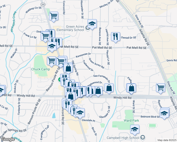 map of restaurants, bars, coffee shops, grocery stores, and more near 598 Woodale Drive Southeast in Smyrna