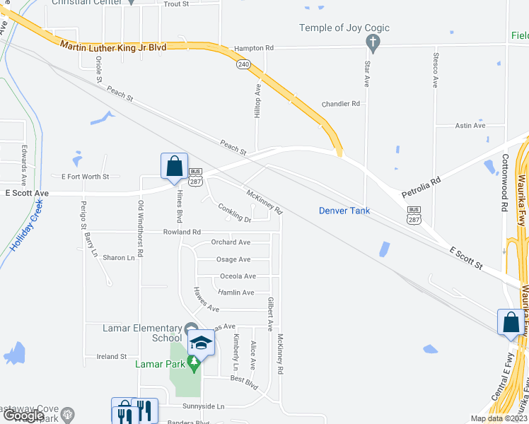 map of restaurants, bars, coffee shops, grocery stores, and more near 1642 Conkling Drive in Wichita Falls