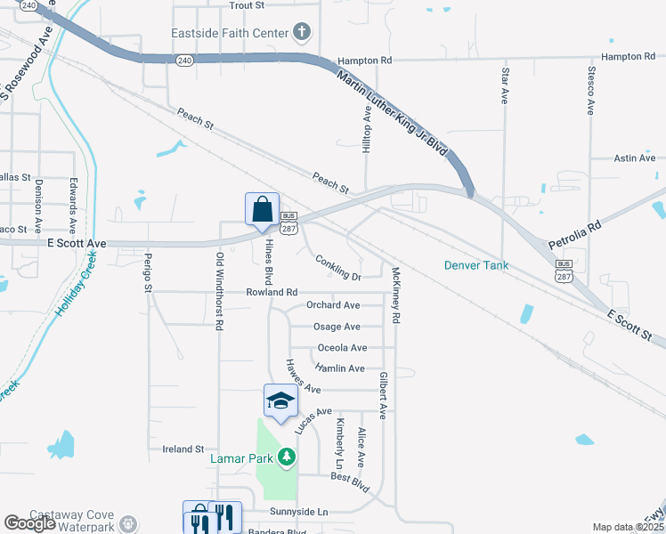 map of restaurants, bars, coffee shops, grocery stores, and more near 1624 Conkling Drive in Wichita Falls