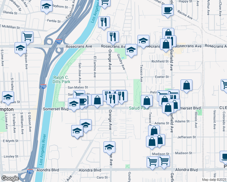 map of restaurants, bars, coffee shops, grocery stores, and more near 14814 Orange Avenue in Paramount