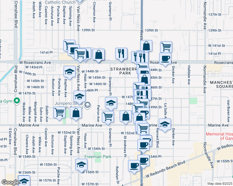 map of restaurants, bars, coffee shops, grocery stores, and more near 1934 West 146th Street in Gardena