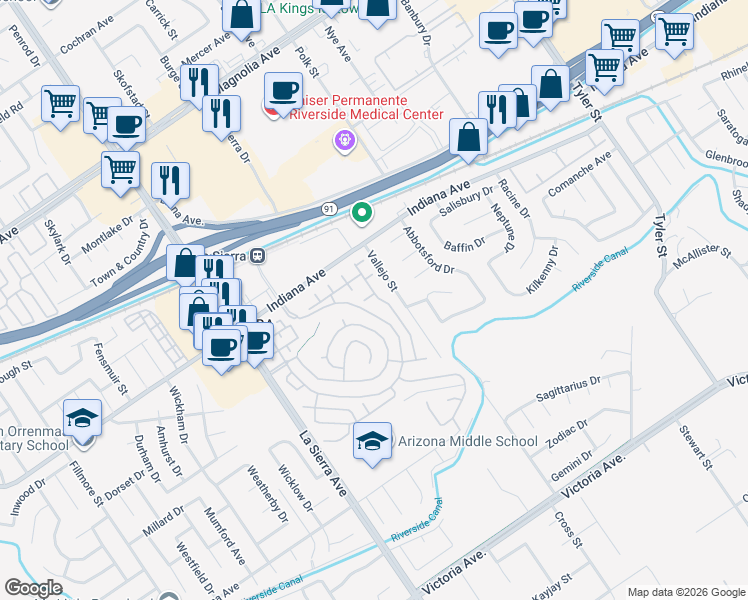 map of restaurants, bars, coffee shops, grocery stores, and more near 10836 Veneto Way in Riverside