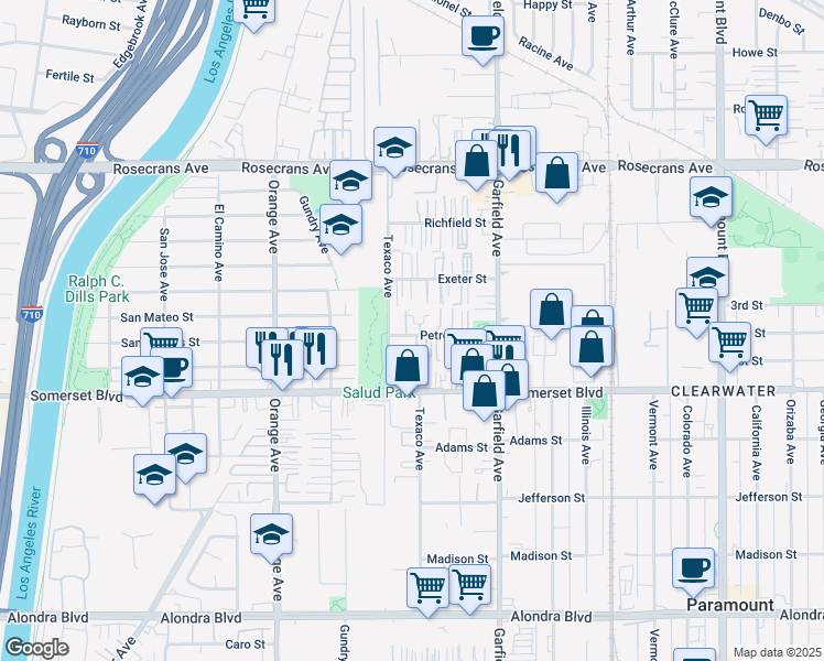 map of restaurants, bars, coffee shops, grocery stores, and more near 7221 Petrol Street in Paramount