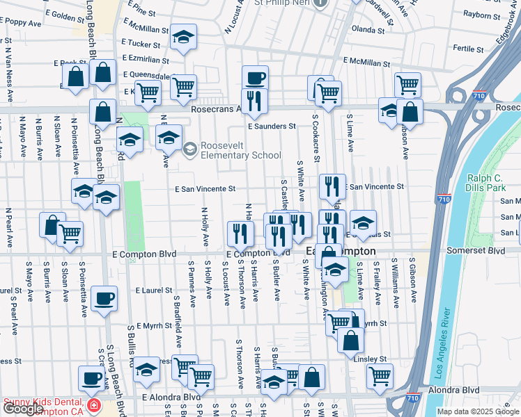 map of restaurants, bars, coffee shops, grocery stores, and more near 4118 East San Mateo Street in Compton