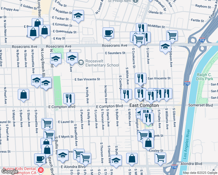 map of restaurants, bars, coffee shops, grocery stores, and more near 4118 East San Mateo Street in Compton