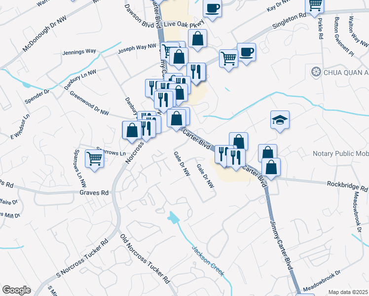 map of restaurants, bars, coffee shops, grocery stores, and more near 1386 Gale Drive Northwest in Norcross
