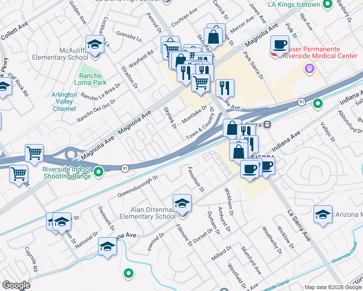 map of restaurants, bars, coffee shops, grocery stores, and more near 11320 Town & Country Drive in Riverside