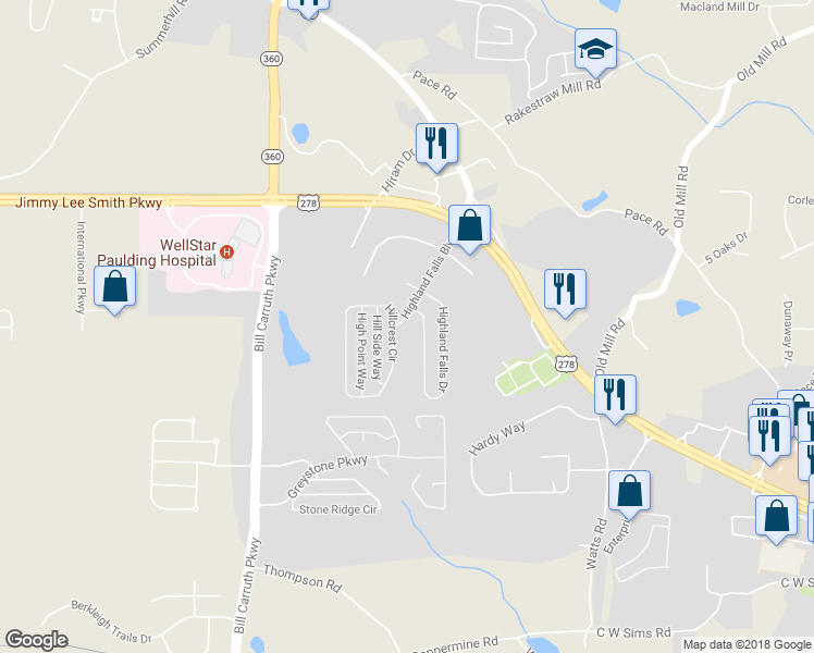 map of restaurants, bars, coffee shops, grocery stores, and more near 271 Highland Falls Boulevard in Hiram