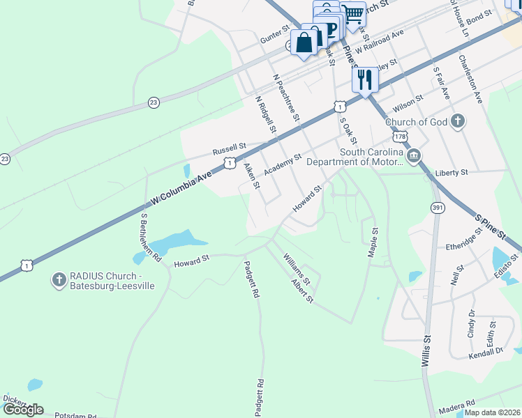 map of restaurants, bars, coffee shops, grocery stores, and more near 622 Aldridge Street in Batesburg-Leesville