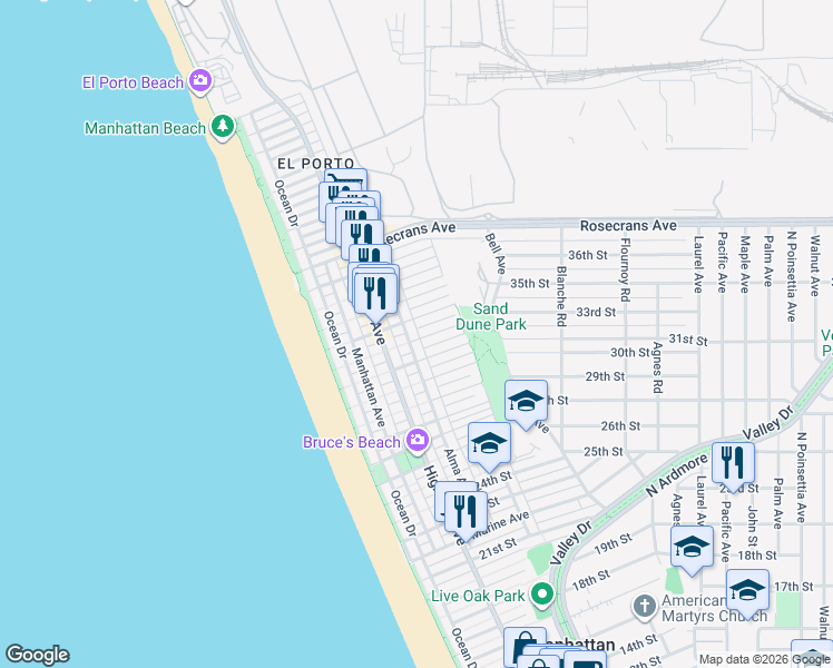 map of restaurants, bars, coffee shops, grocery stores, and more near 3203 Vista Drive in Manhattan Beach