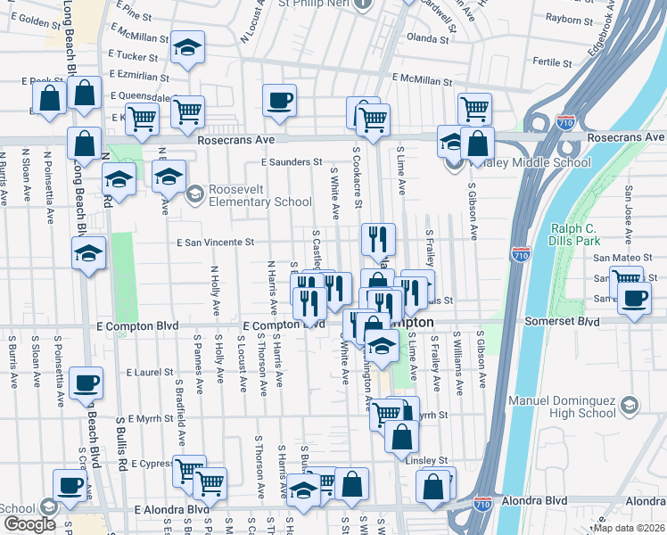 map of restaurants, bars, coffee shops, grocery stores, and more near 14811 South White Avenue in Compton