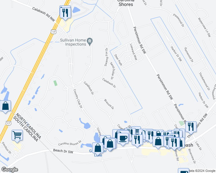 map of restaurants, bars, coffee shops, grocery stores, and more near 77 Calabash Drive in Carolina Shores