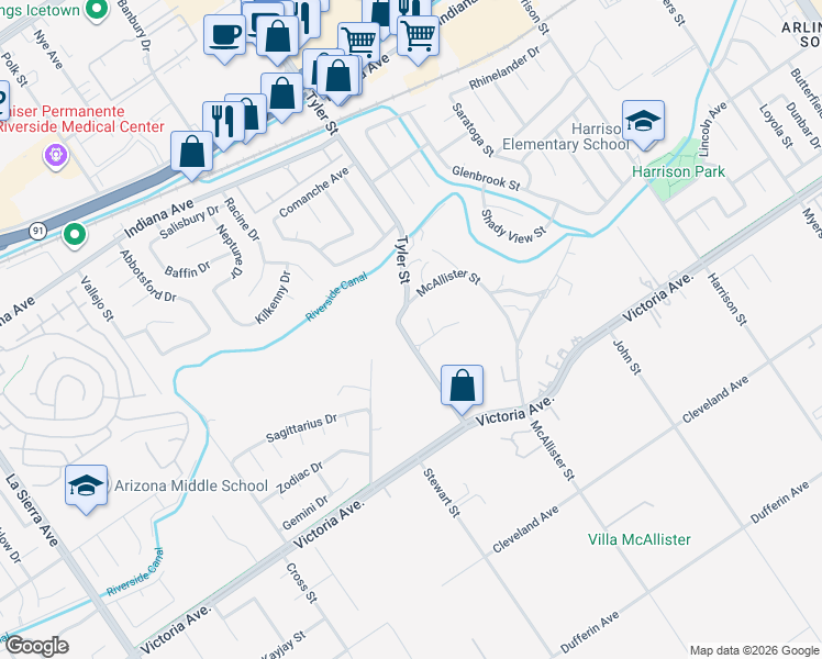 map of restaurants, bars, coffee shops, grocery stores, and more near 2945 Tyler Street in Riverside