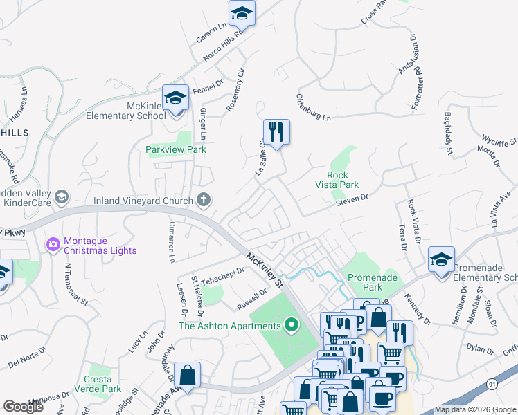 map of restaurants, bars, coffee shops, grocery stores, and more near 2251 Dorado Street in Corona