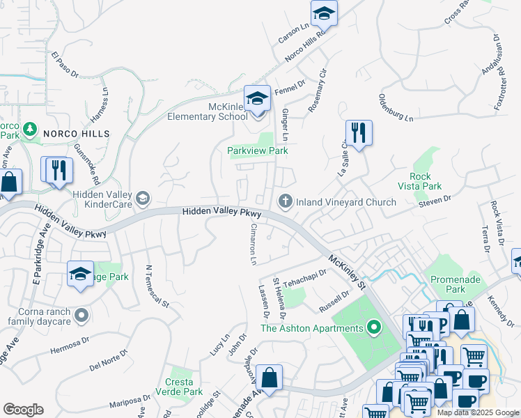 map of restaurants, bars, coffee shops, grocery stores, and more near 1000 Vista Del Cerro Drive in Corona