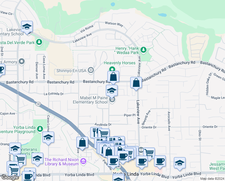 map of restaurants, bars, coffee shops, grocery stores, and more near 18298 Maidenhair Way in Yorba Linda