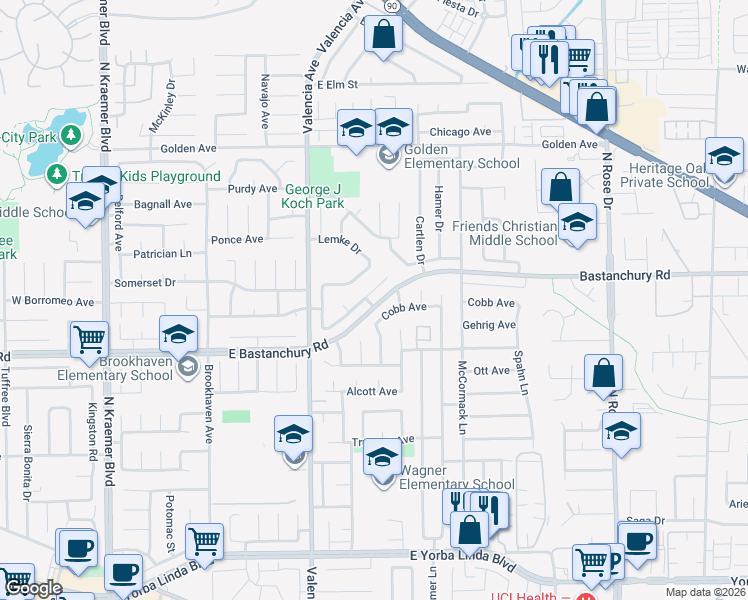 map of restaurants, bars, coffee shops, grocery stores, and more near 706 Longfellow Drive in Placentia